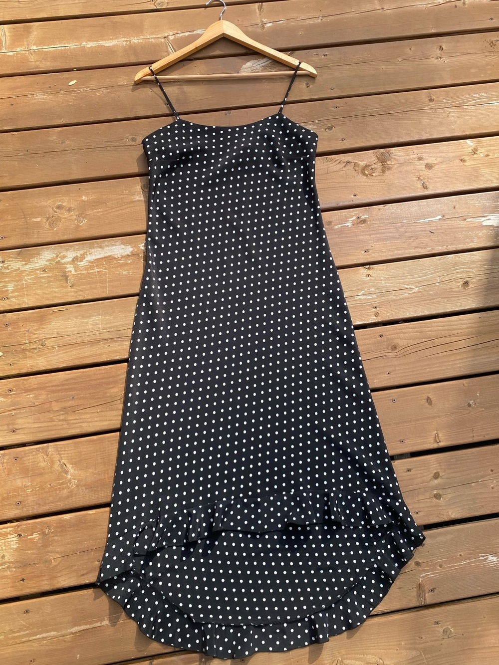 VINTAGE JESSICA polka dot spaghetti strap maxi ruffle hem dress medium